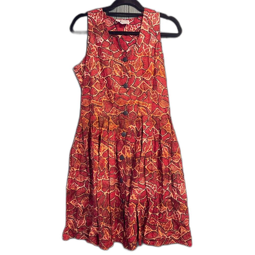 Rare Vintage 90s Homeland Authentics African Print Cotton Midi Dress L, Made USA